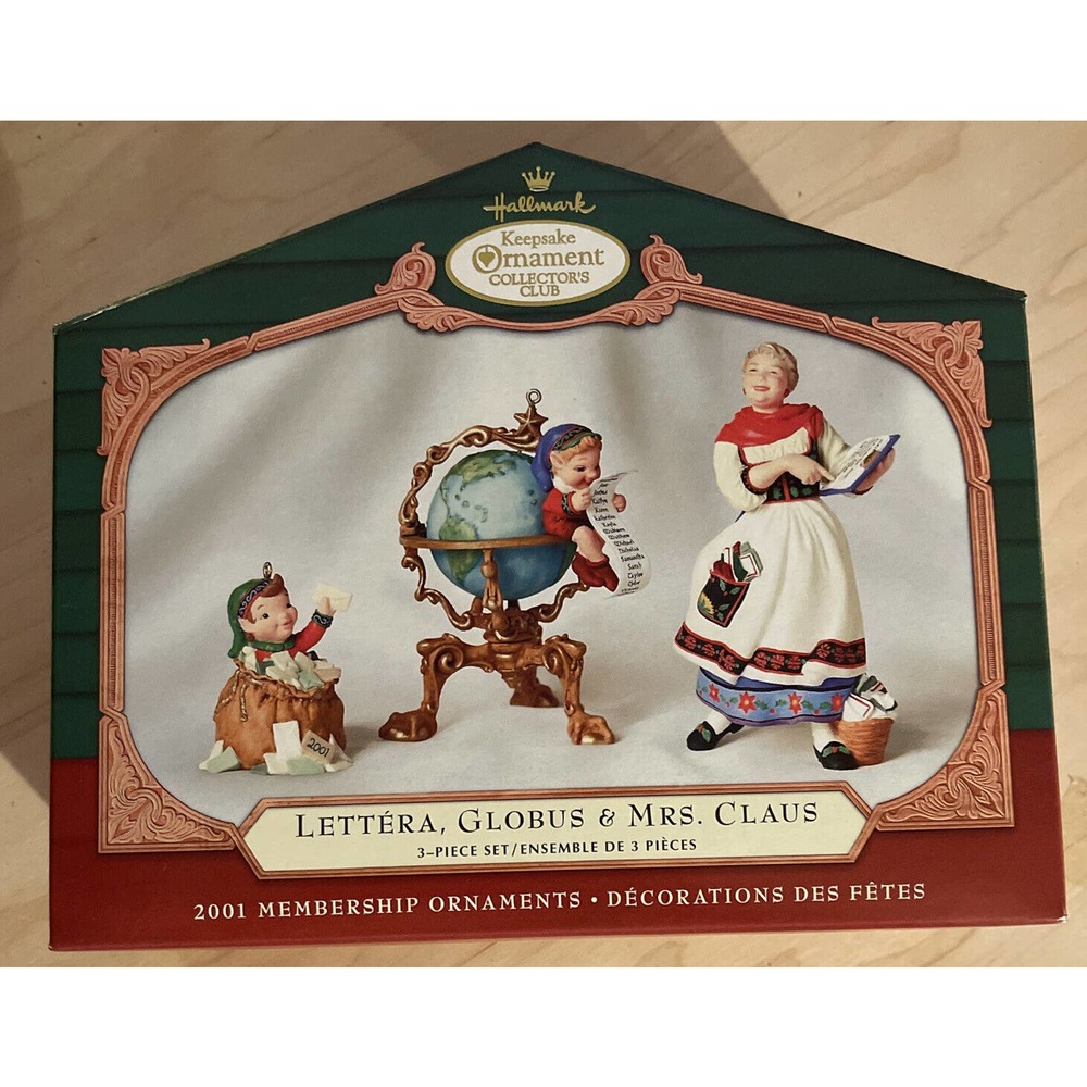 HALLMARK Keepsake 2001 LETTERA GLOBUS And Mrs. Claus Christmas Ornament Set NIB